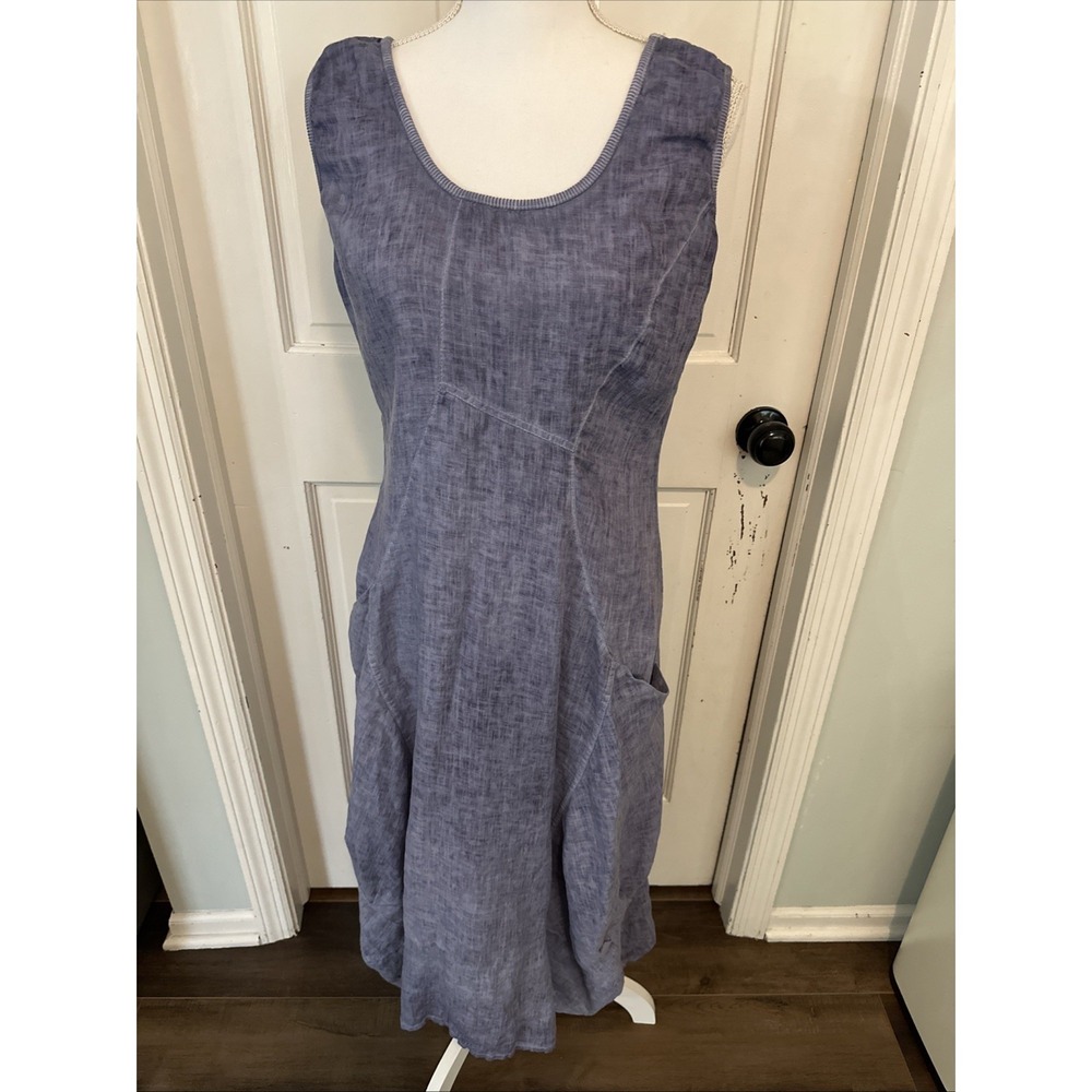Inizio Italian Linen Midi Dress Blue Lightwashed Pockets Lagenlook Bohemian XL